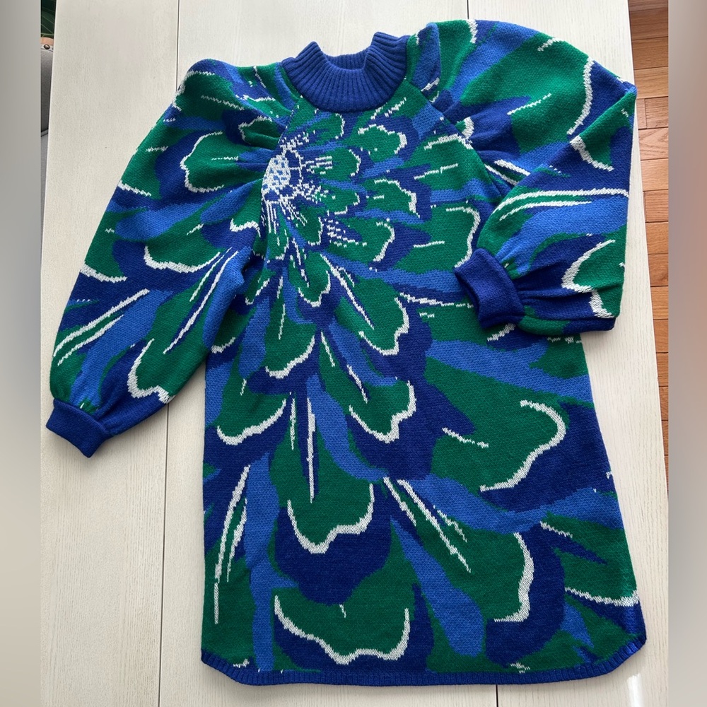 Farm Rio Knit Sweater Dress Balloon sleeves Size Large Floral Multi Color Blue - Picture 12 of 12